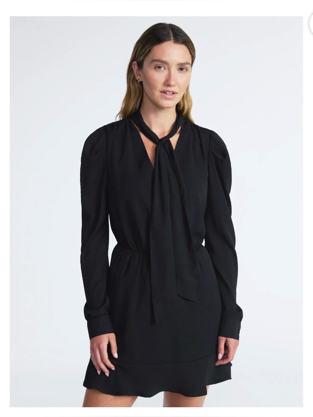 Scoop Women’s Tie Neck Mini Dress with Ruched Sleeves